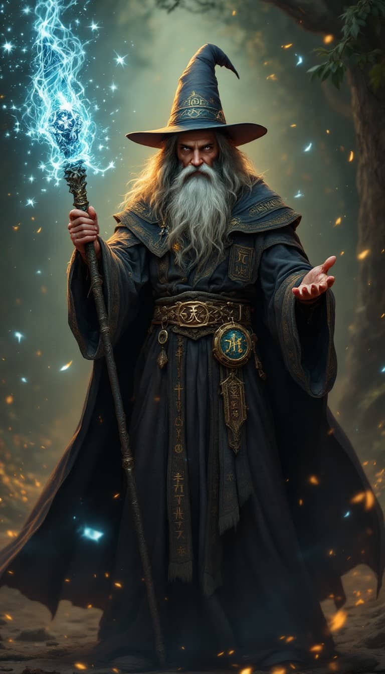 AI generated: Male fantasy wizard (ethnicity:1.0, age:0.9), (detailed clothing:1.4), (detailed accessories:1.3), (...