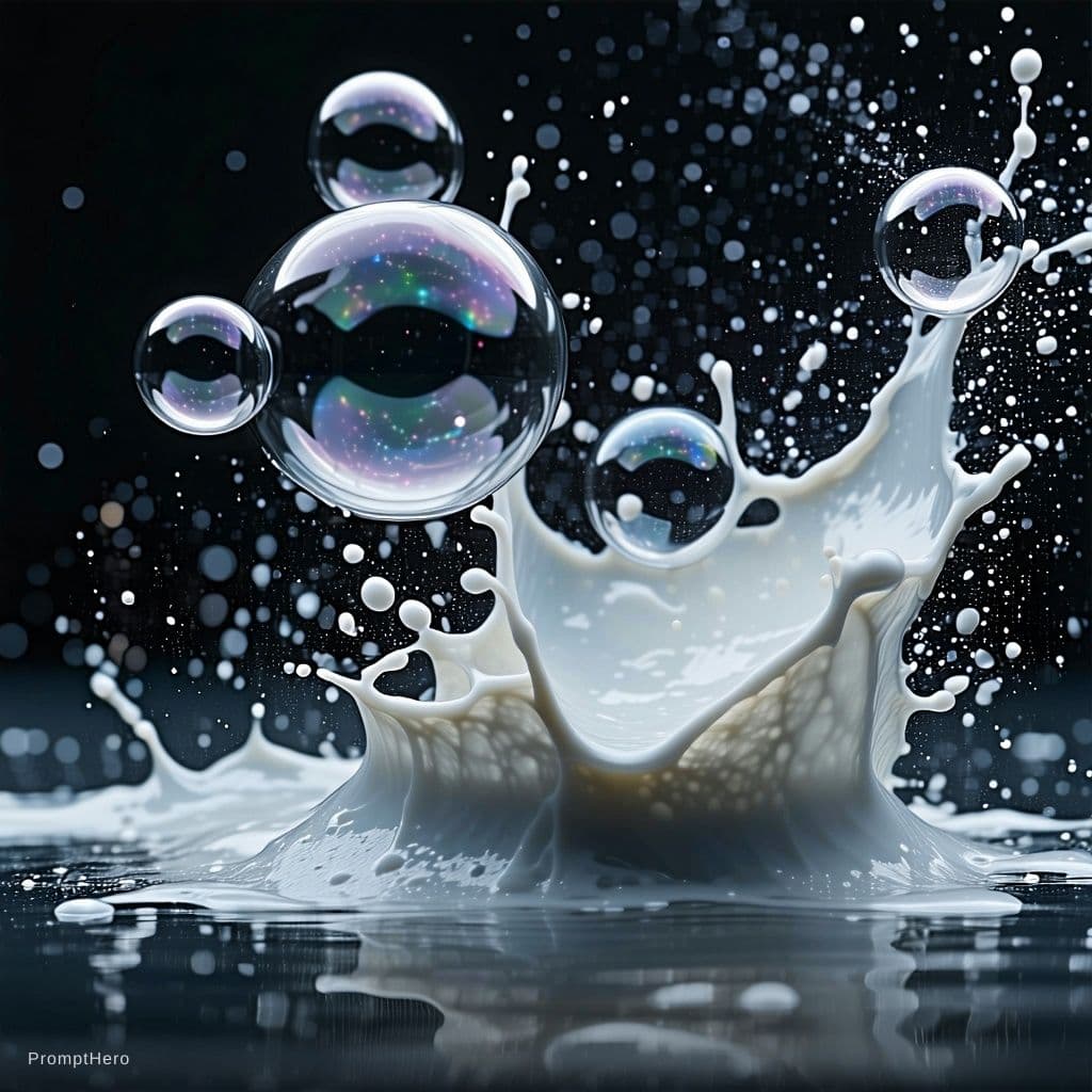 AI generated: bubbles with stars and nebula behind splattered liquid paint in (lightgray:1.2) colors. Fluid and Po...