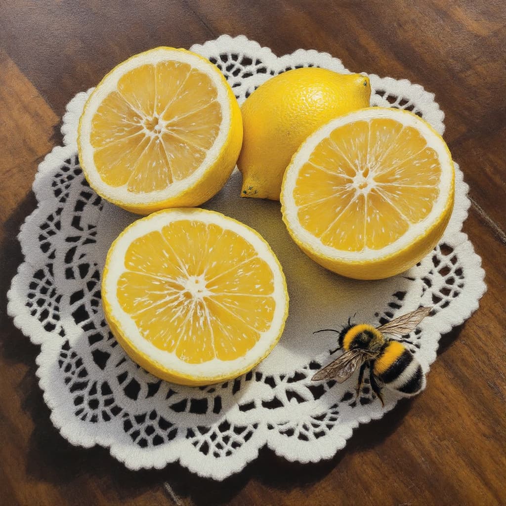 AI generated: hyper realistic three sliced lemons ,   on a chalk white doily and with a nearby bumble bee on the t...