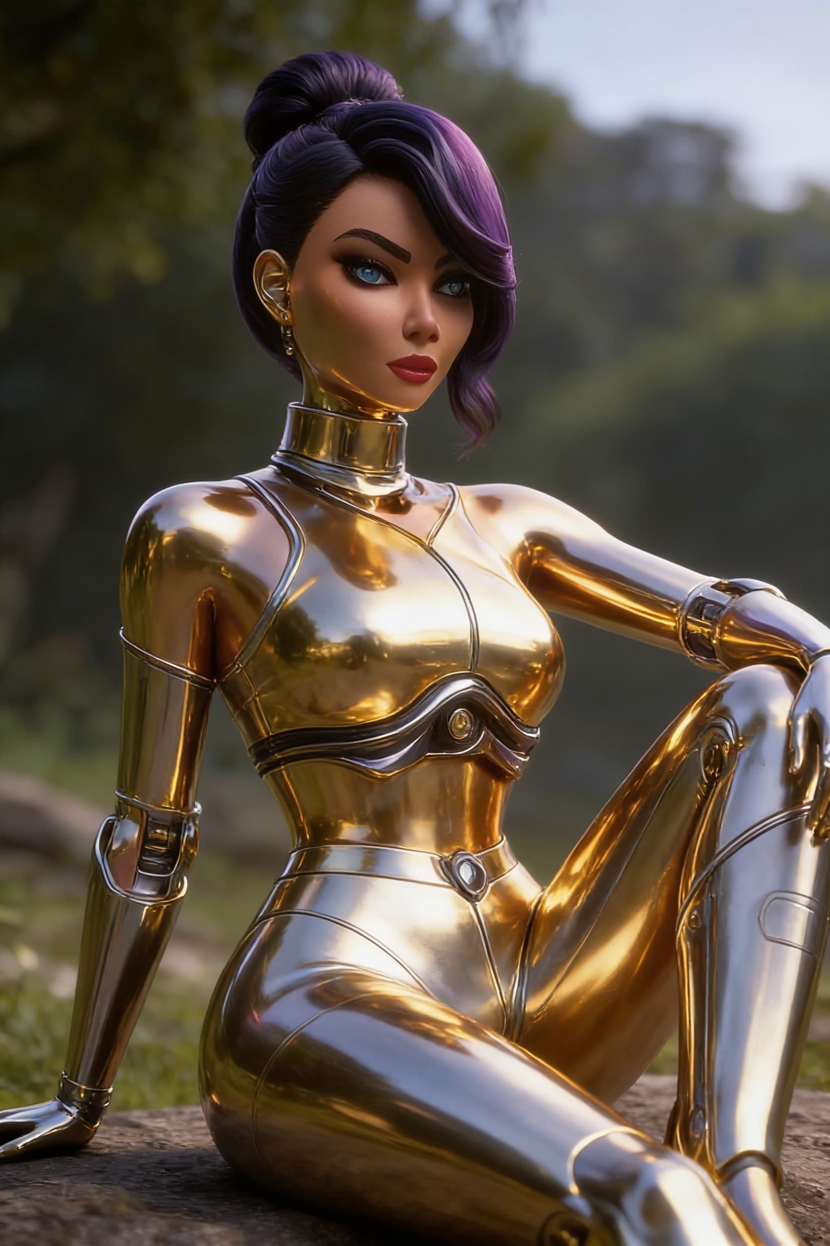 AI generated: Be inspired and create from reference. a golden-silver being, powerful, loving. From flesh to sleek ...