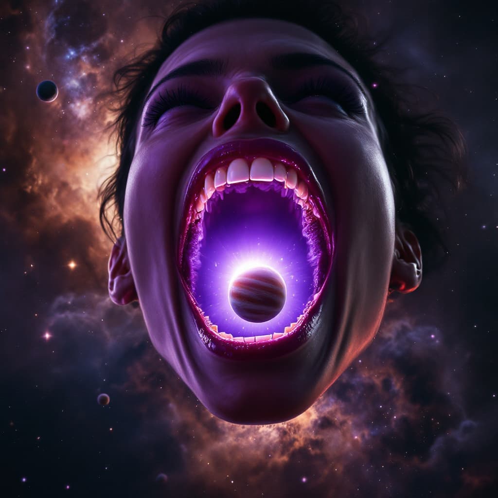 AI generated: enormous giantess sandra bullock
bigger than a galaxy  floating in space, minuscule galaxy in front ...