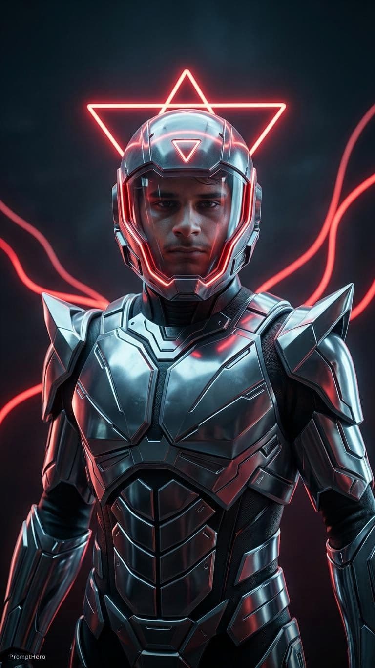 AI generated:  futuristic cyborg boy featuring a captivating reflective cybernetic helmet adorned with glowing tri...