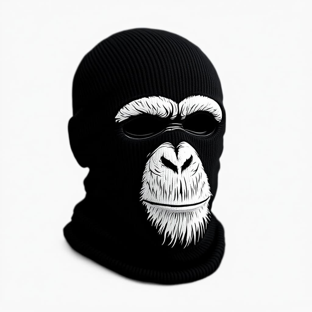 AI generated: a black ribbed knit baklava 3-holes skimask painted with a flat inked chimpanzee face illustration o...