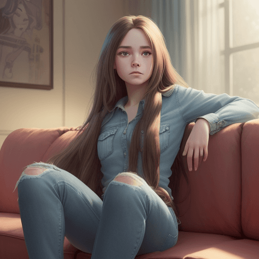 AI generated: a woman, with long hair and jeans, sitting on a couch, in the style of cartoon realism, i can't beli...