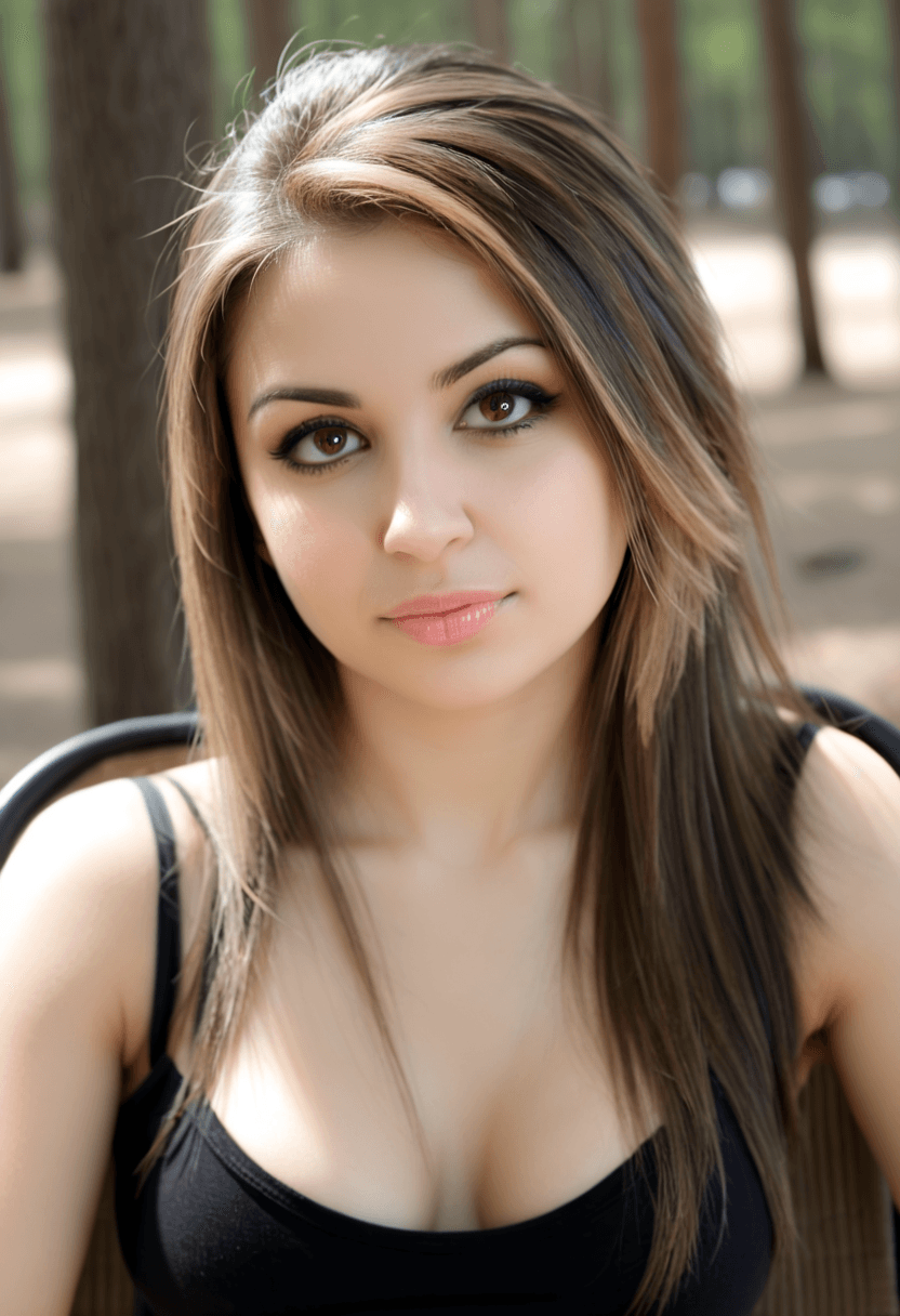 AI generated: This is a photograph of a woman with dark colored eyes staring at the viewer with a slight smirk on ...