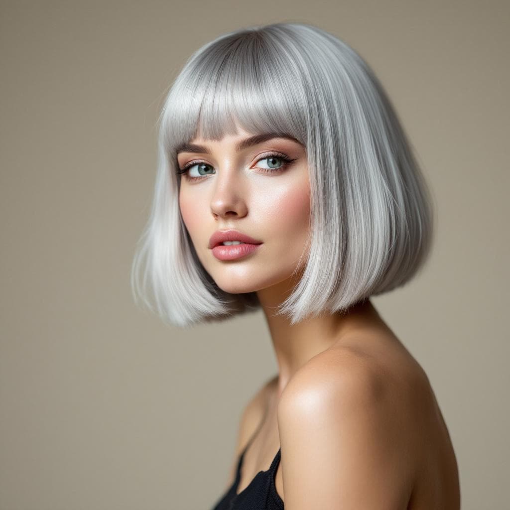 AI generated: hair photography, woman, bob cut hair, silver color, ivory hue background, studio lighting setup, re...