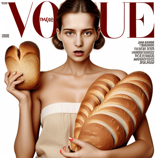 AI generated: woman holding looking scared, holding a load of bread, cover of vogue