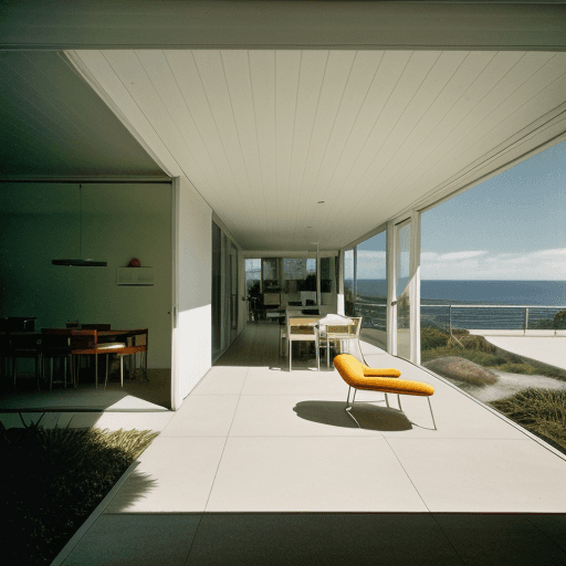 AI generated: Hyper realistic eye level exterior photo of a mid century modern style house overlooking the ocean, ...