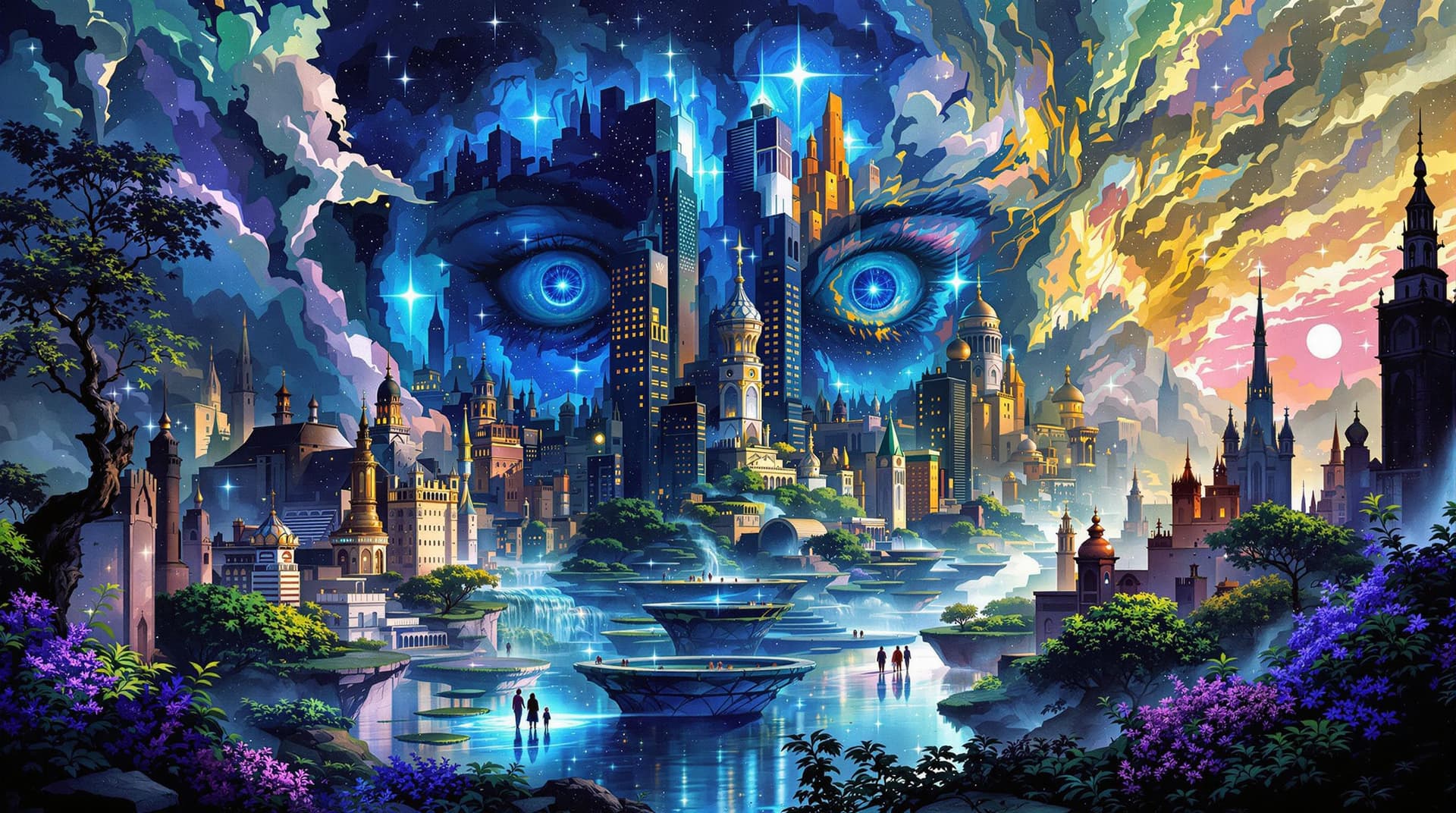 AI generated: A painting, close up to a detailed face of Cityscape in the center, in the style of magic in nature ...