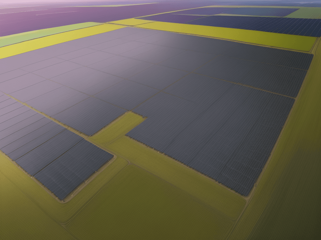 AI generated: Wide drone image of a photovoltaic plant, overhead view, Pixar cartoon style, the distribution is of...