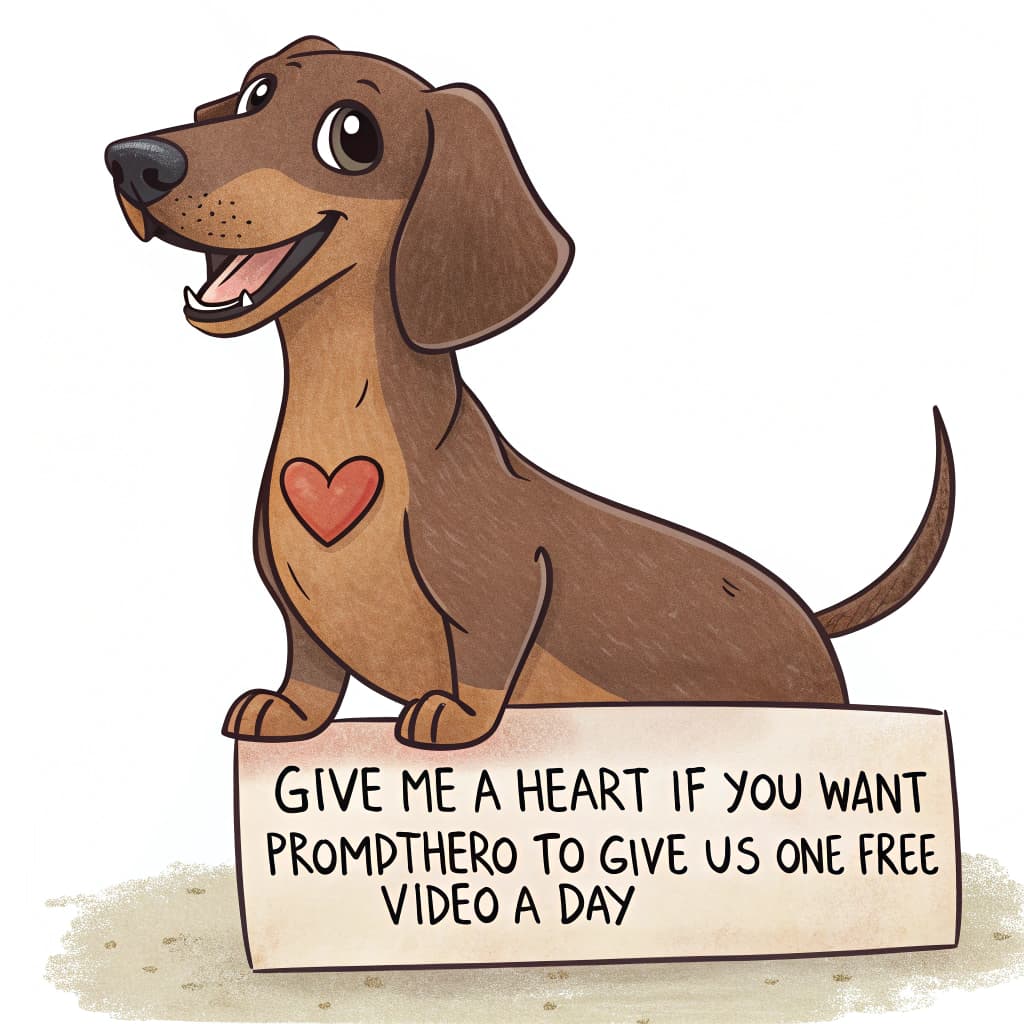 AI generated: A happy cute Dachshund dog with a cartel 🪧 saying “Give me a heart if you want Prompthero to give u...