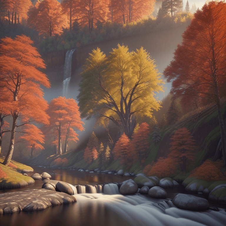 AI generated: photorealistic oil on canvas, 
big trees by a river and hill, 
beautiful setting, fall
Foreground,
u...
