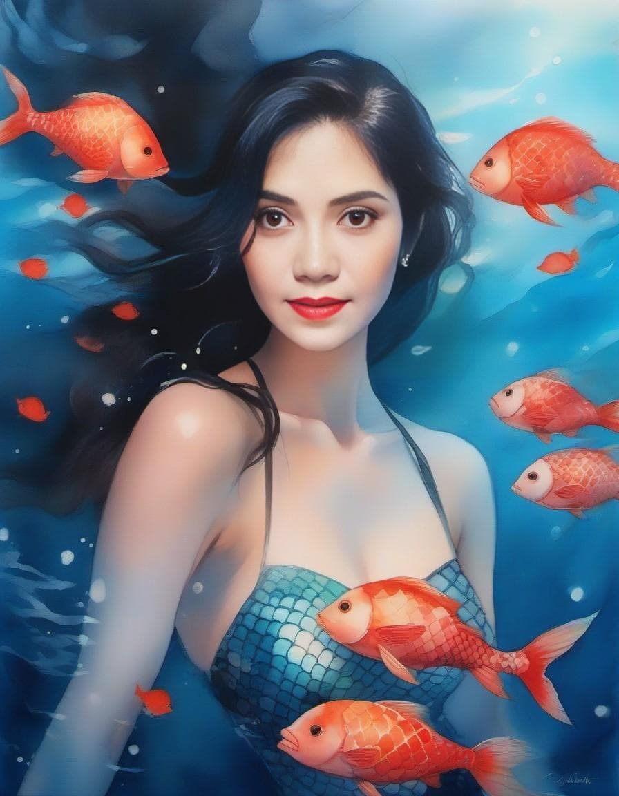AI generated: A mesmerizing breathtaking watercolor painting capturing a magical underwater world. A confident and...
