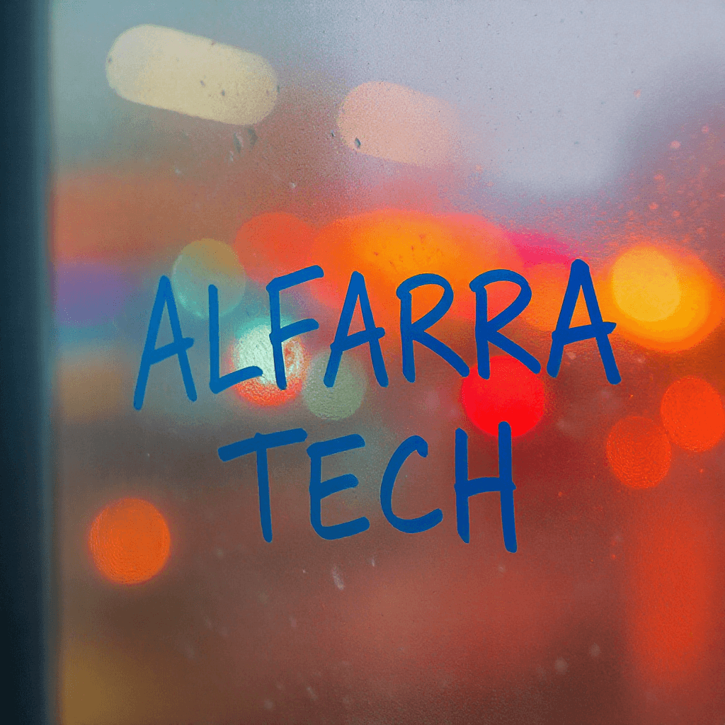 AI generated: photography, close-up candid shot, foggy window with blue color stick-drawn letter "ALFARRA TECH", d...