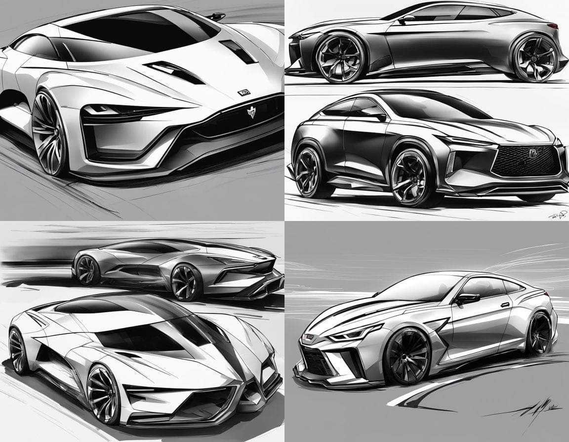 AI generated: A concept sketch of a aggressive sports coupe, ink drawing style, extremely low and wide profile, sw...