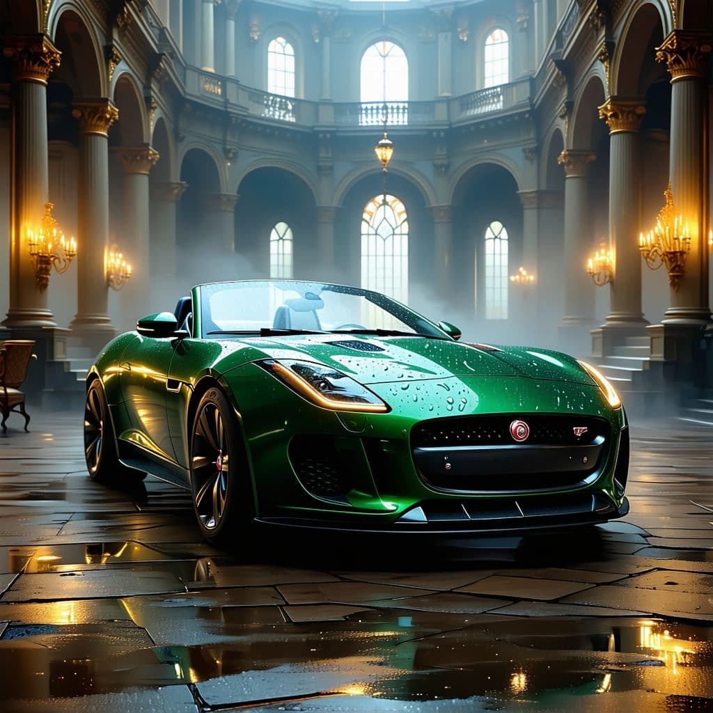 AI generated: General outline of a latest model British racing green convertible jaguar 
ftype  in steampunk style...