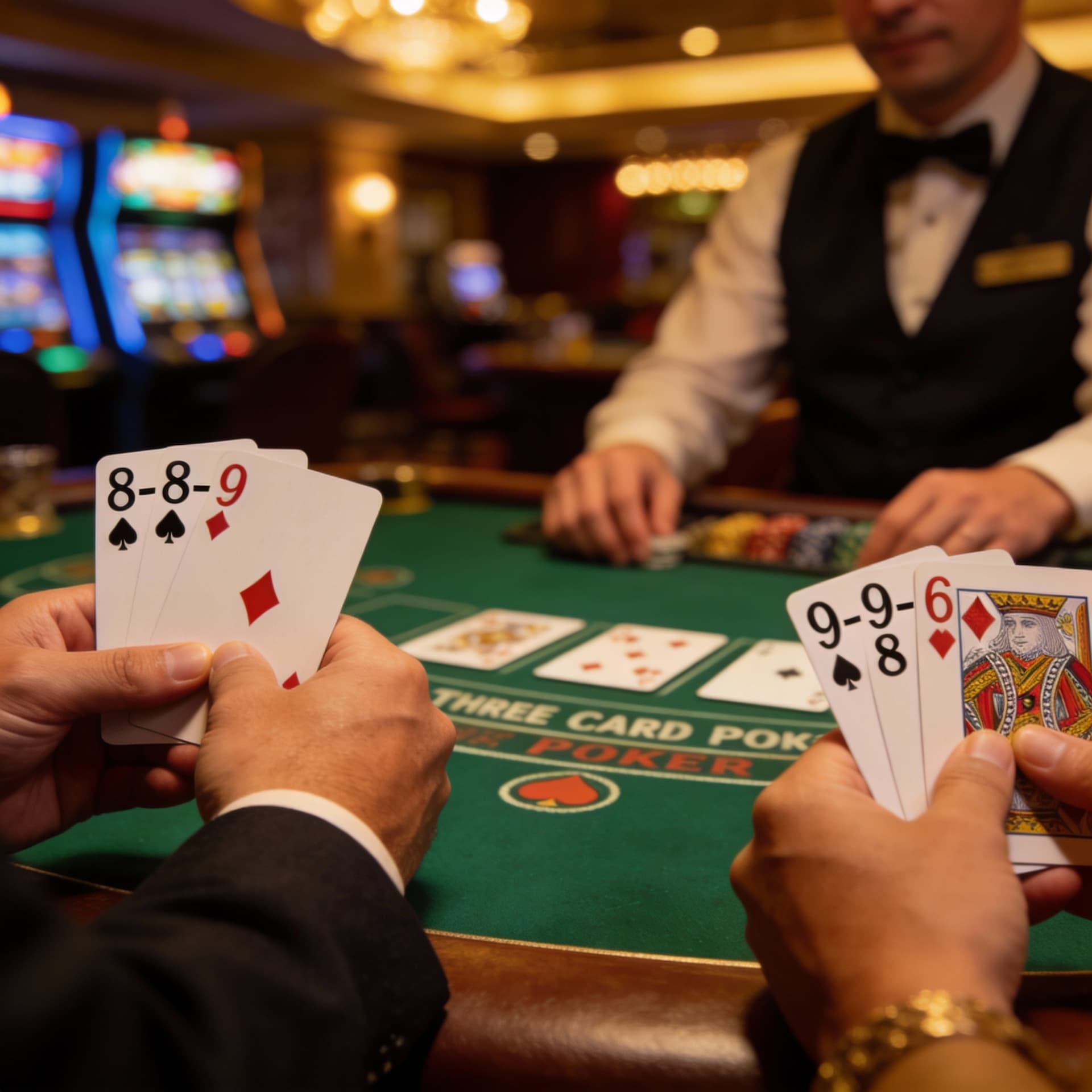 AI generated: Two players at a Three Card Poker game. One with a hand of two 8's and a 9 on the table in front of ...