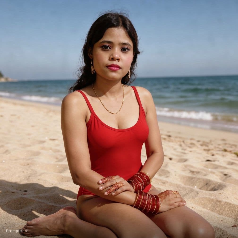 AI generated: change dress to bikini with deep cleavage and change background to the summer beach