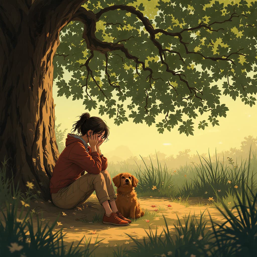 AI generated: woman sitting crying under the big tree There is a dog next to me as a friend. anime