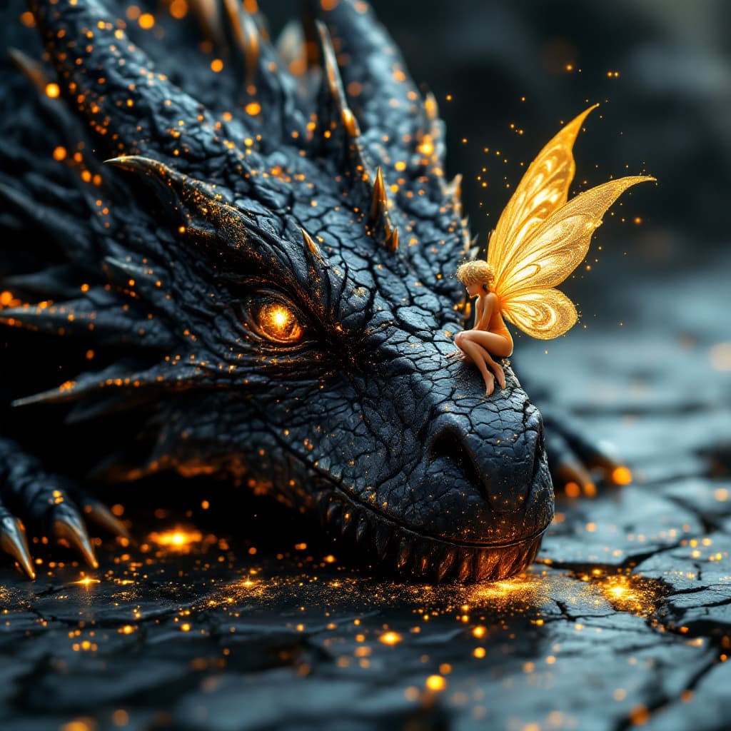 AI generated: a realistic close up of a black dragon's huge head and front legs, he is emitting black sparks off h...