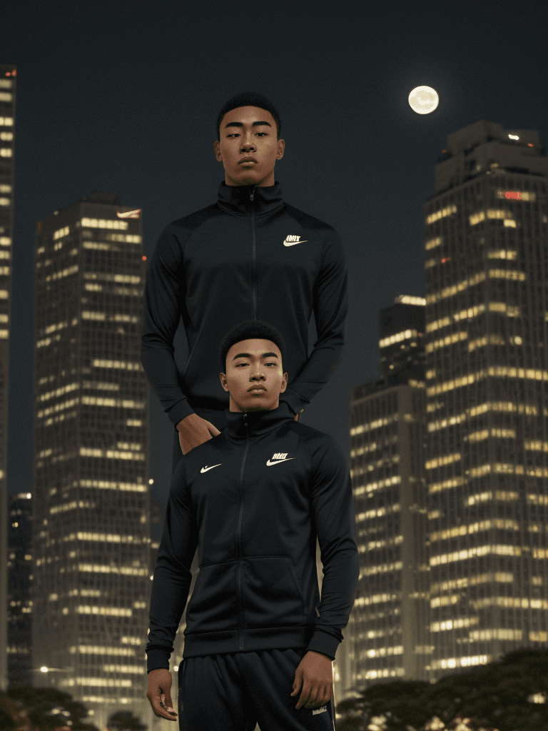 AI generated: young man moai head using nike tracksuit, night time, big full moon in the background above the buil...
