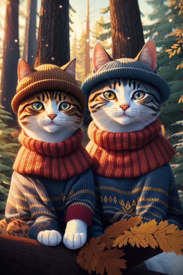 AI generated: two cats in hats and sweaters, forest background, cinematic, 3d animation, 4k