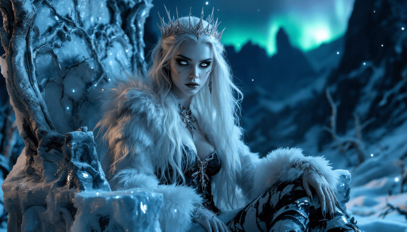 AI generated: 4K, magazine photo shoot quality image of a beautiful 23-year-old platinum blonde ice witch with pie...