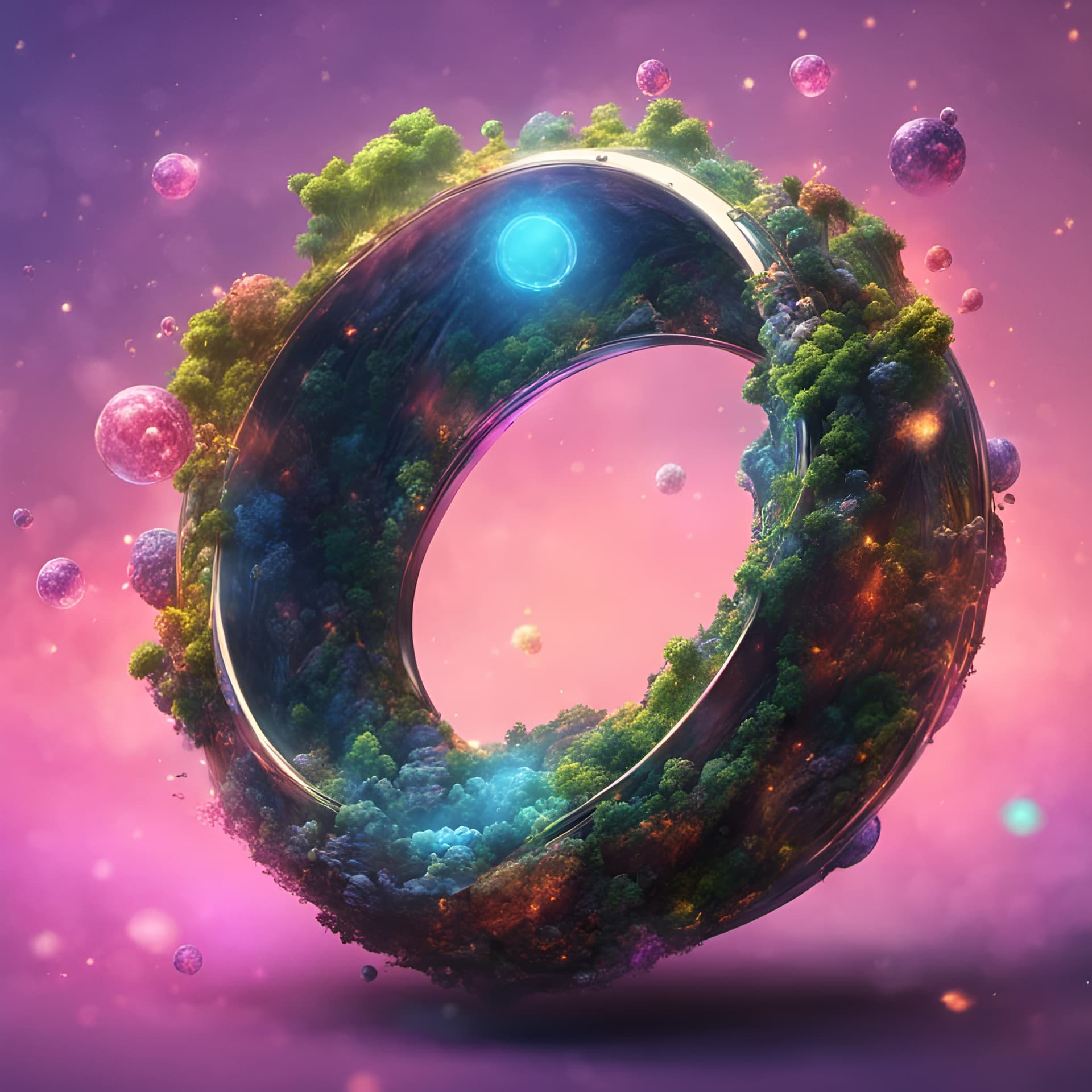 AI generated: a shimmering ring with a tiny, lush world nestled within its center, full wide view, highly detailed...