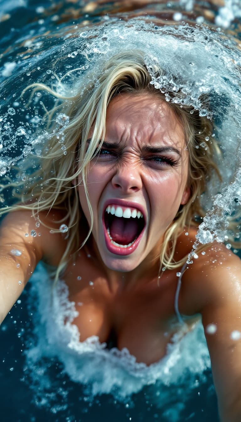 AI generated: A candid closeup selfie angle gopro photo of a gorgeous blonde young screaming women, she is swimmin...