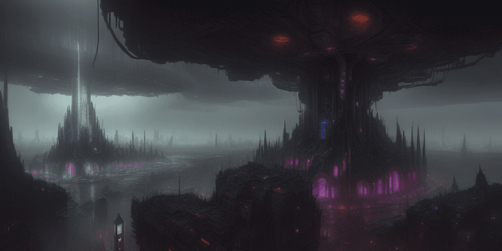 AI generated: a gloomy and rainy underground fantasy city, viewed from a distance, 4 k digital art, trending on ar...