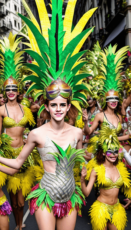 AI generated: photo of Emma Watson as a samba dancer, elaborate leafy pineapple bodysuit-style samba costumes, jew...