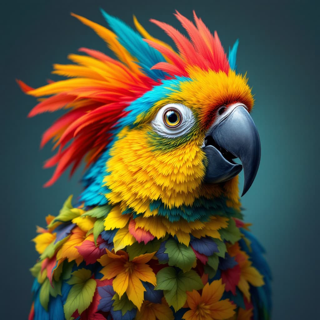AI generated: Hawaiian artists, series of modern portraits of a nelore parrot in colorful outfit, in the style of ...