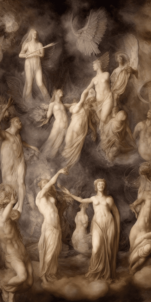AI generated: raytraced render and digital painting of humans transforming into ethereal modest biological gods we...