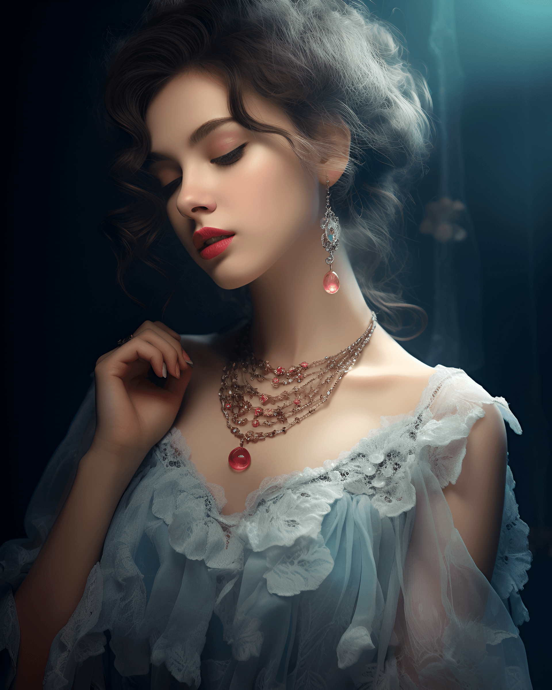 AI generated: Studio Fashion Portrait of Model, Necklace with Cherry Quartz decor, wearing lace-trimmed nightgown ...