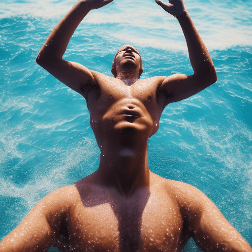 AI generated: "A half-naked man", swimming at the beach. The water is cool and refreshing, and the sun is shining ...
