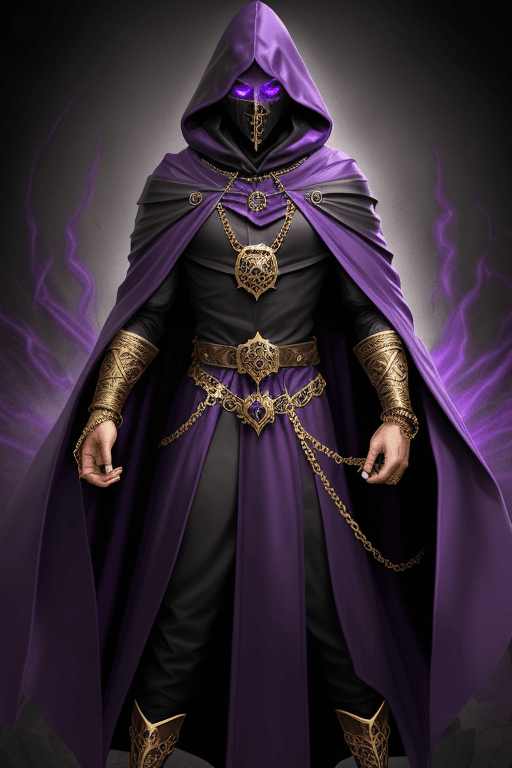 AI generated: Shadow wizard, in purple cloak hood, dark face, gold chains and jewellery