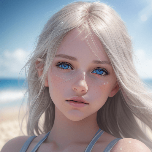 AI generated: An ultra detailed, close up photo of the most beautiful young girl on the beach, light gray eyes, bl...