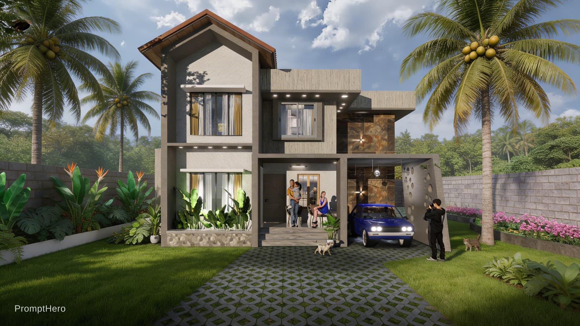 AI generated: Ultra-realistic Kerala tropical landscape with tall coconut trees, dense green foliage, and lush gar...