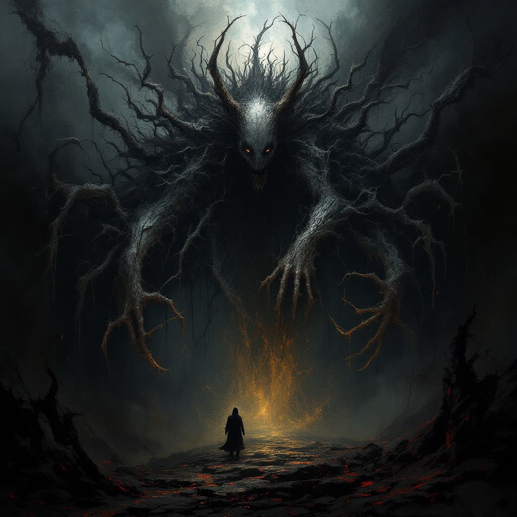 AI generated: unholy, brutal composition, gloomy, intense dark tones, horror, stunning, masterpiece, dramatic, ver...