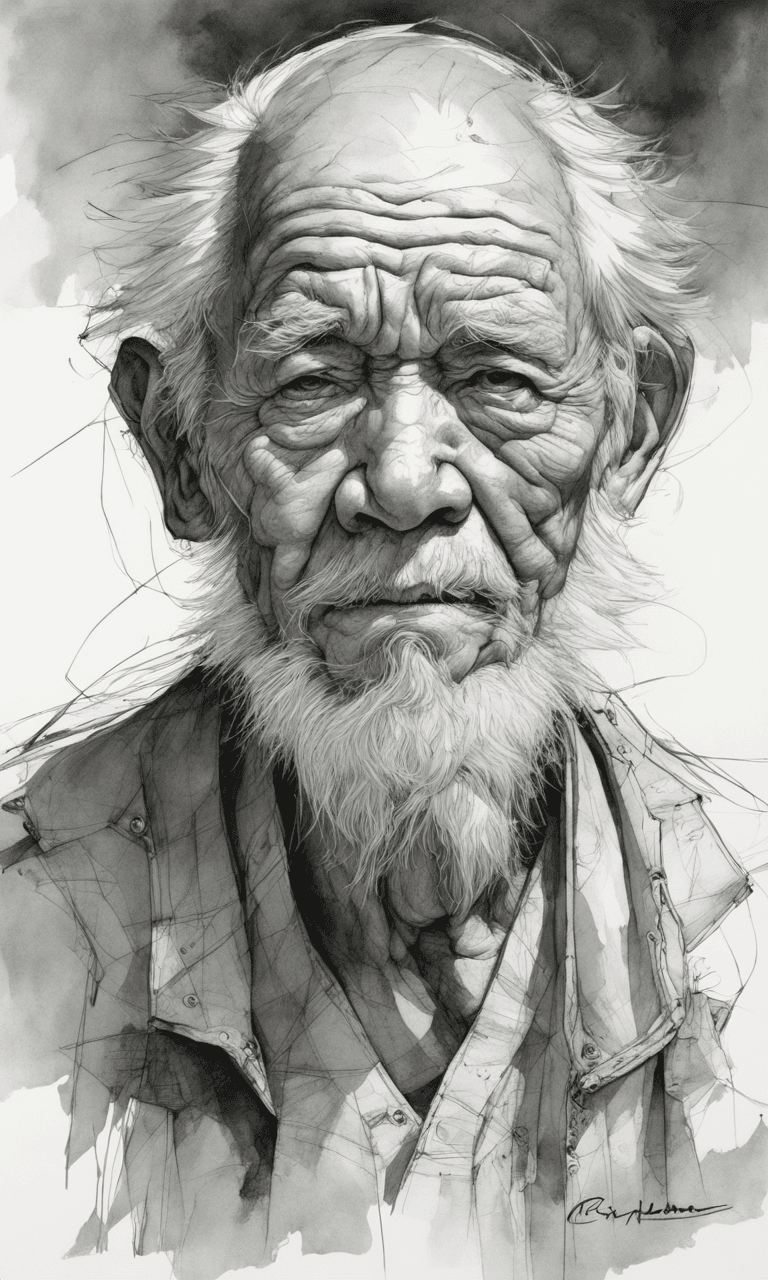 AI generated: portrait of old man, pen and ink, intricate line drawings, by craig mullins, ruan jia, kentaro miura...