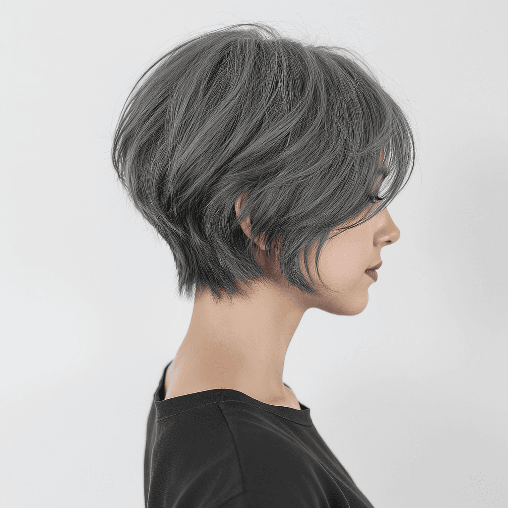 AI generated: hair photography, side-profile portrait, women, Short Layered Hairstyles, steel gray hair color, usi...