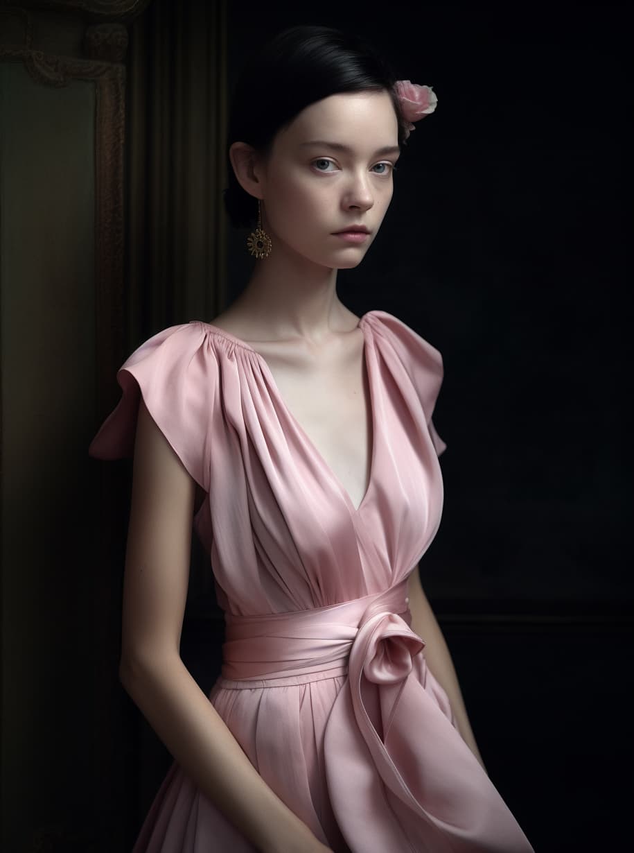 AI generated: well fashion shot realistic Thinspo model in light pink dress ((deep decolletage)) full length captu...