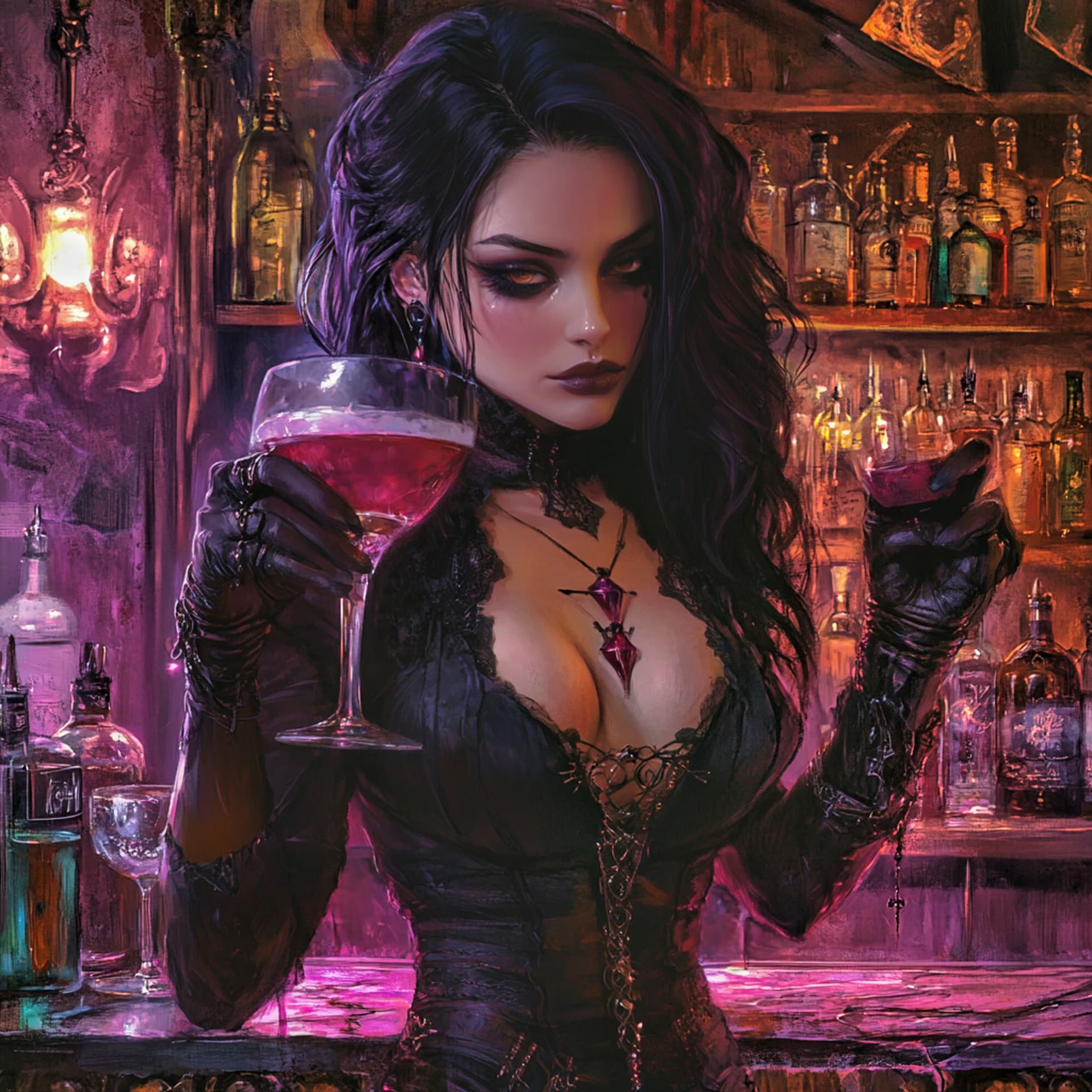 AI generated: a stuning gothic with dark hair and great shape drinking a cocktail from a female barkeeper 