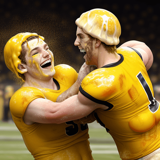 AI generated: two laughing rugged, sweaty, caucasian american football players throwing custard pies at each other...