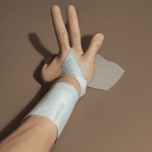 AI generated: photo of realistic hand in injury bandage cast positioned in a shaka sign