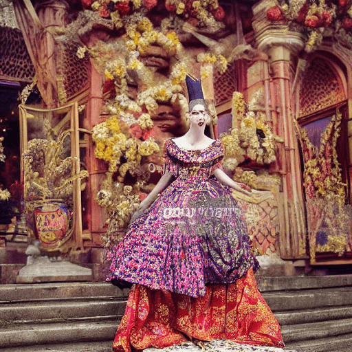 AI generated: royal, woman, highly detailed clothes adorned with laces and floral elements, luxurious laces, revea...