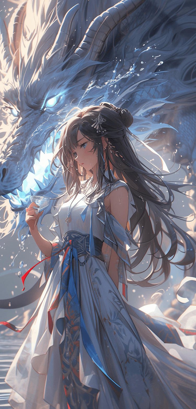 AI generated: a beautiful lady standing in front of a dragon with water pouring, in the style of gongbi, mysteriou...