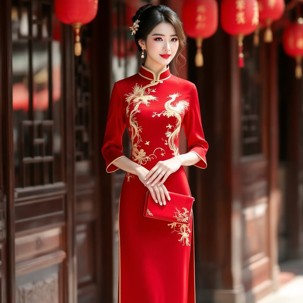 AI generated: An oriental woman, wearing a modified red cheongsam dress, with a stand-up collar and slanting lapel...