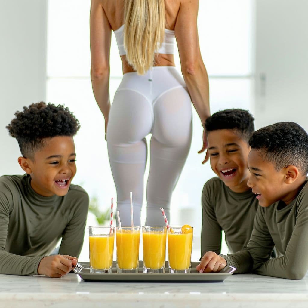 AI generated: realistic, photographic image, full shot of a 51 year old fit woman, wide hips, big gluteus, blonde ...