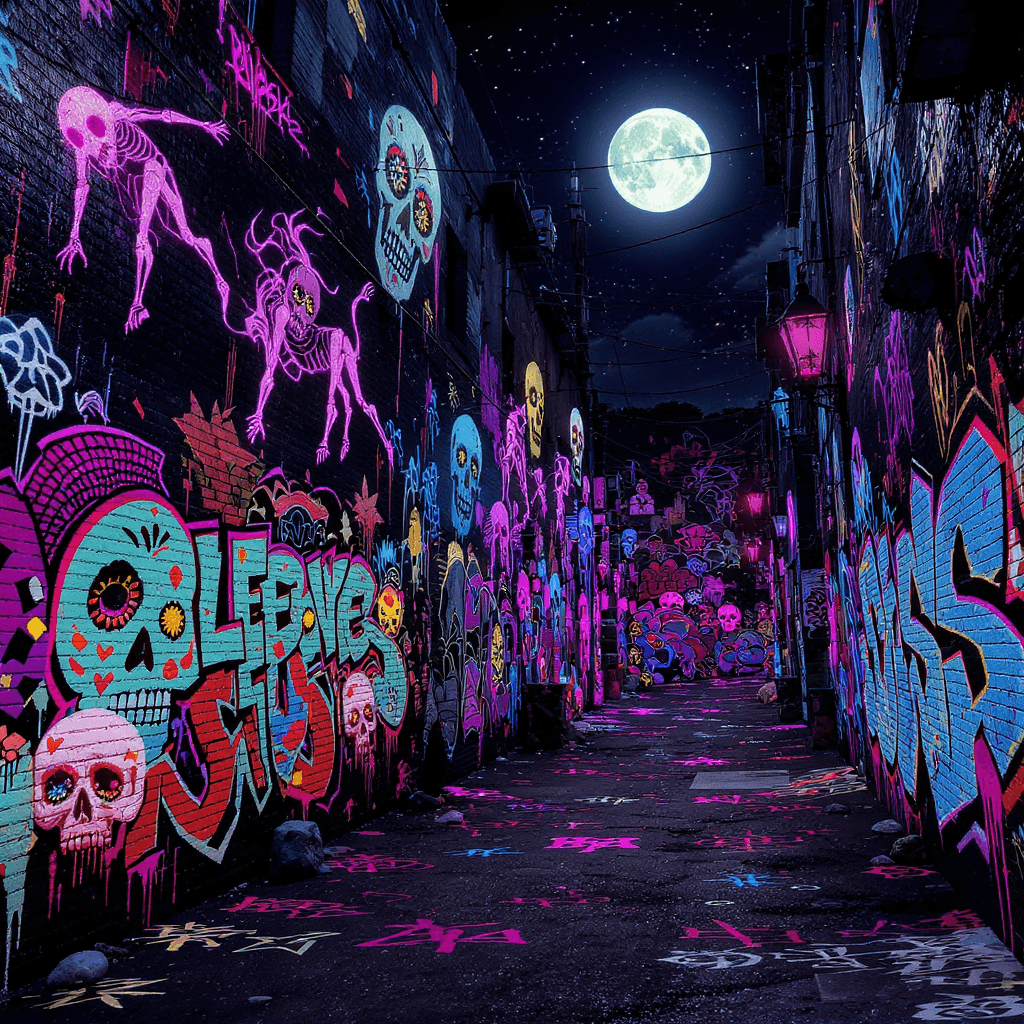AI generated: Día de los Muertos Graffiti Alley — a modern urban mural comes to life, with painted calaveras and n...